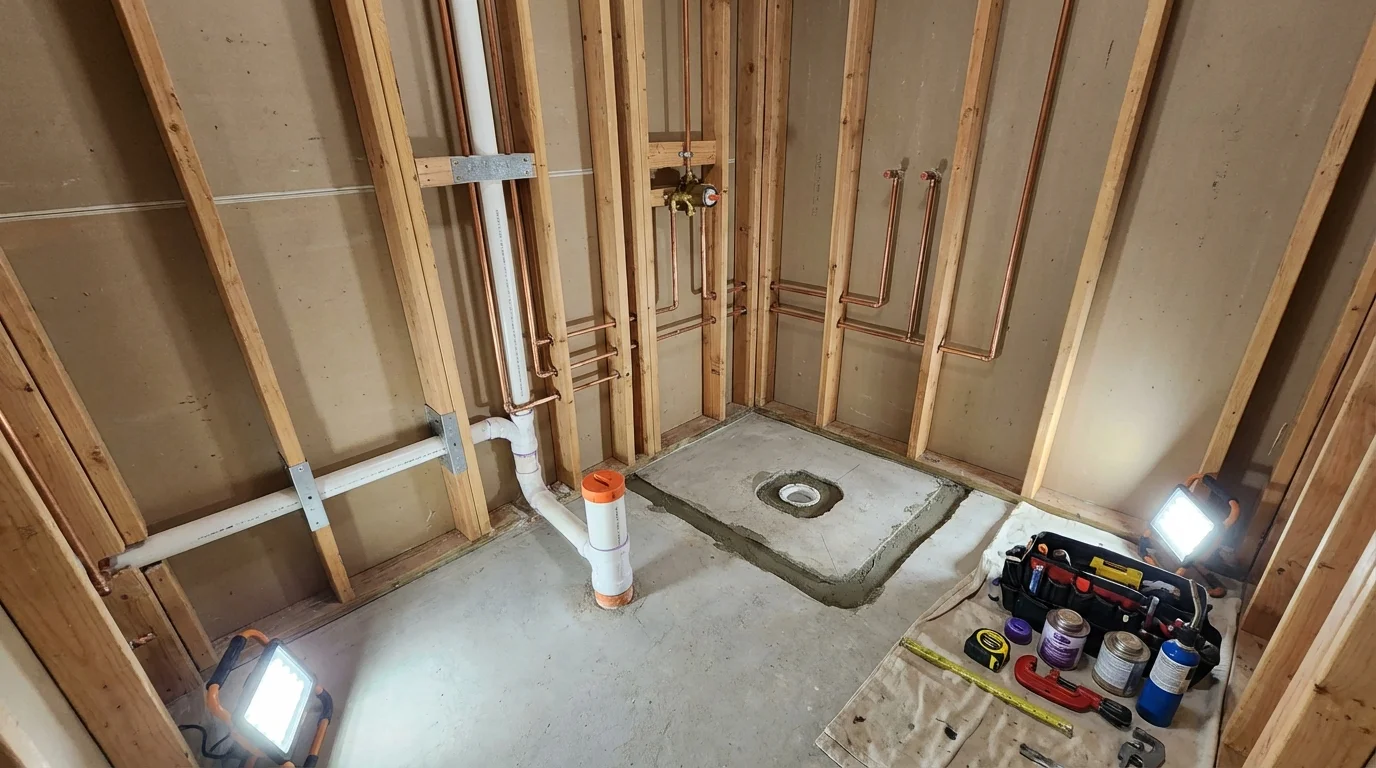 Bathroom rough-in plumbing during remodel by Johns Plumbing LLC in Fostoria