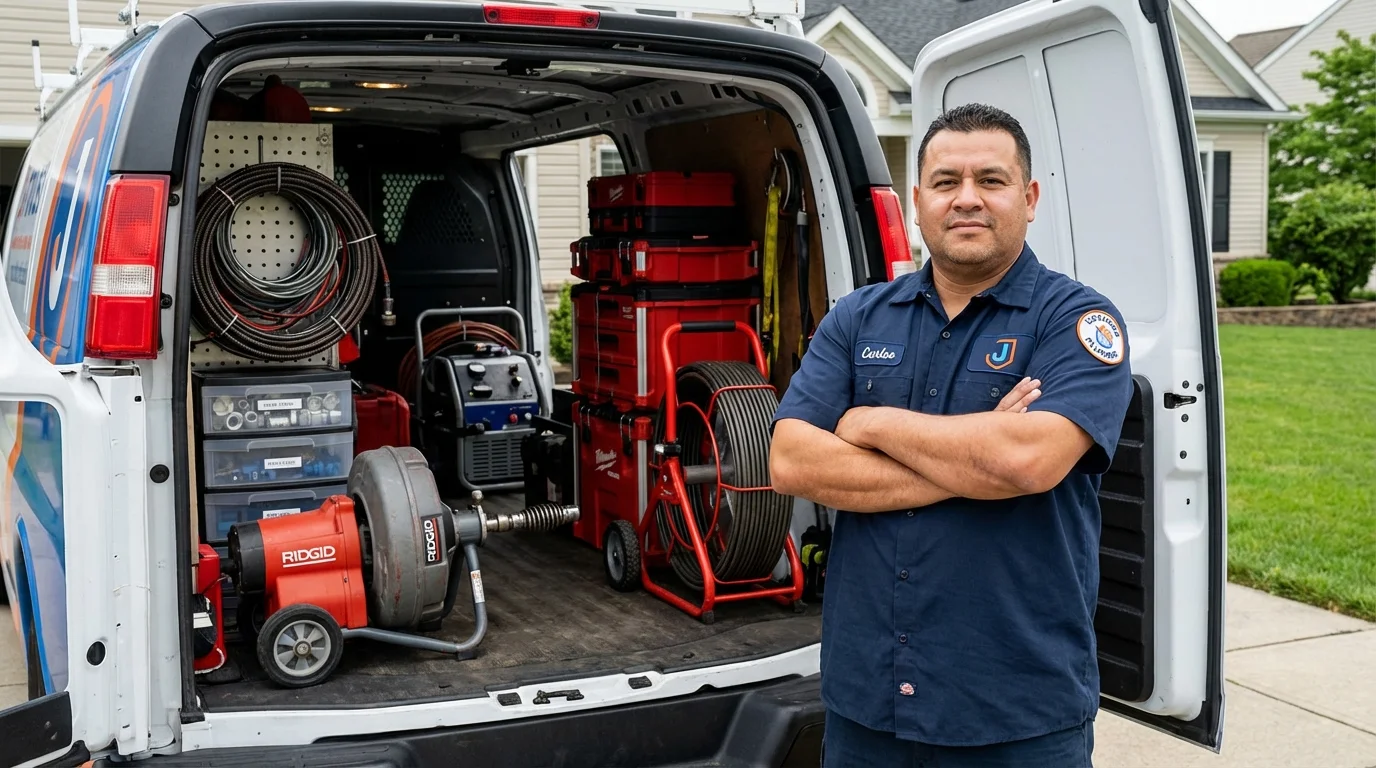 Professional drain cleaning equipment and Johns Plumbing LLC plumber in Fostoria