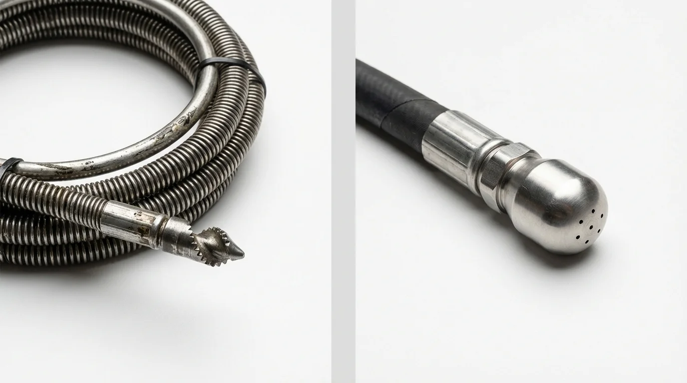 Drain snake cable and hydro jetting nozzle used for drain cleaning in Fostoria, OH