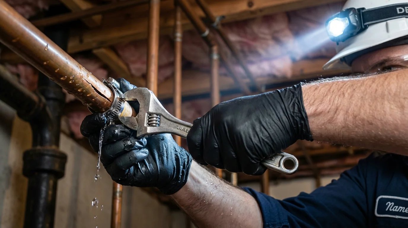 Emergency pipe clamp repair being performed by a Johns Plumbing LLC plumber in Fostoria