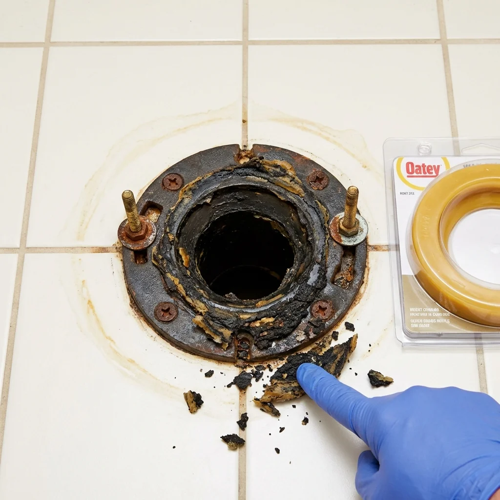 Failed wax ring showing water seepage at the base of a toilet in a Fostoria, OH home