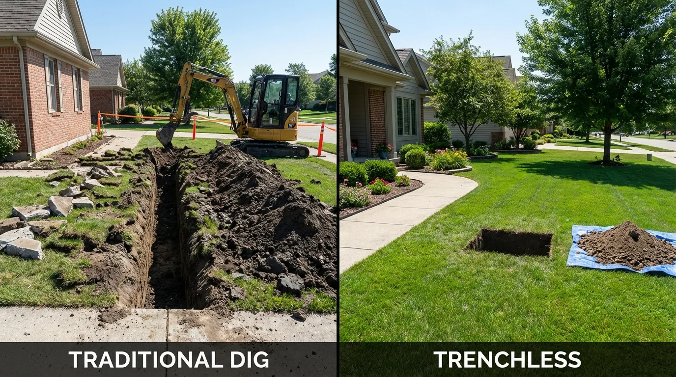 Trenchless sewer repair with minimal yard damage versus traditional excavation in Fostoria, OH