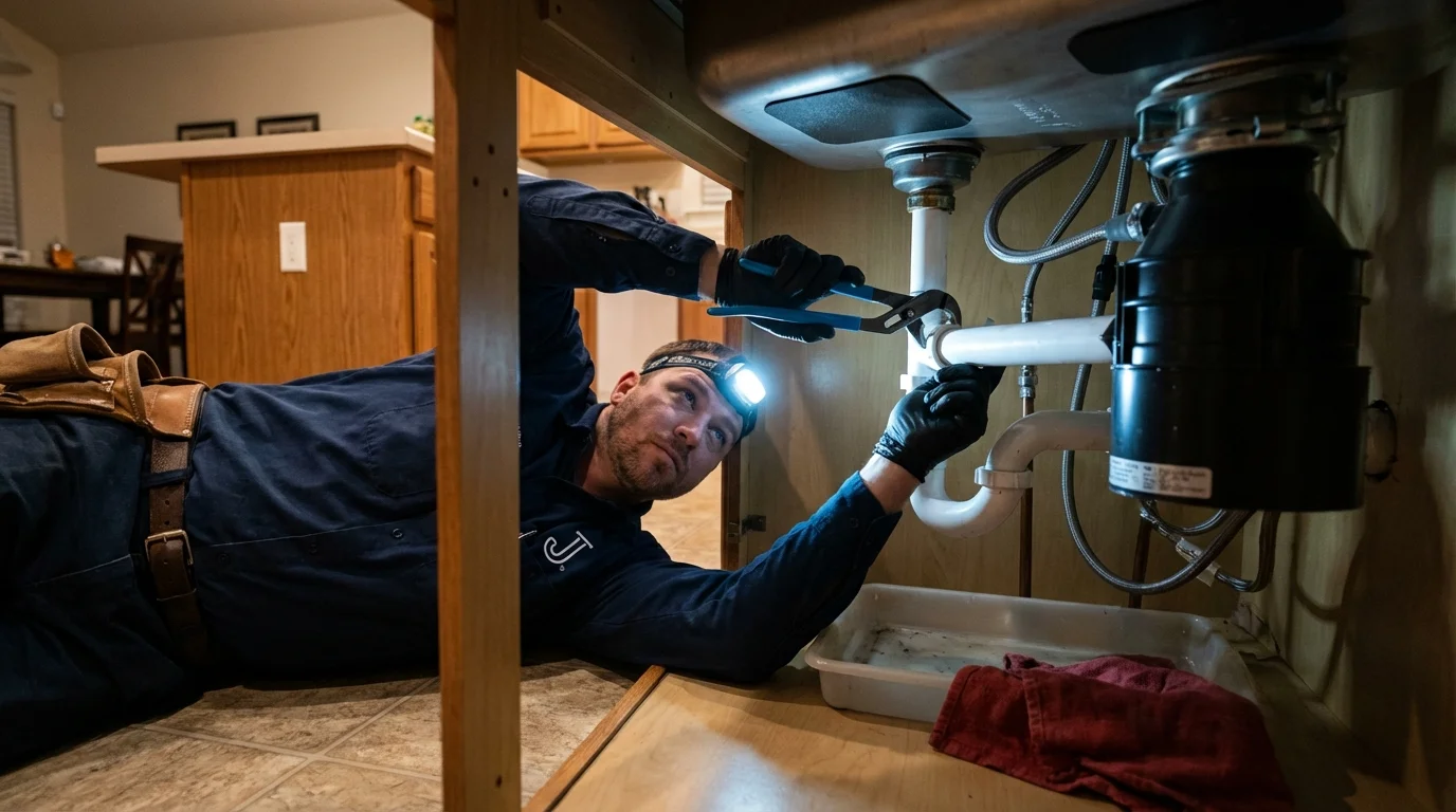 P-trap and supply line connections under a kitchen sink showing a common leak point in Fostoria, OH